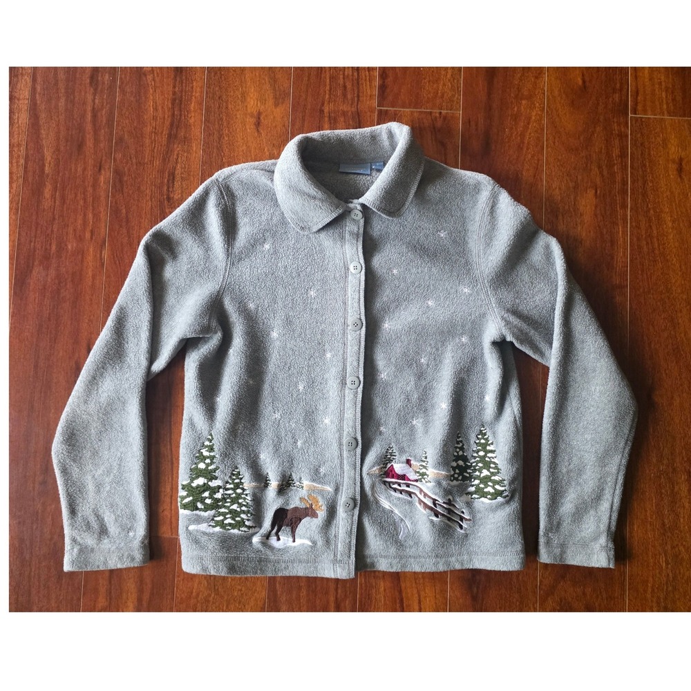 Croft & Barrow Fleece Winter Moose Cabin Embroidered Holiday Cardigan Small